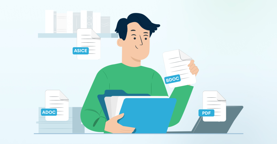 vyras laiko dokumentų segtuvą ir šalia adoc, asice, bdoc, pdf dokumentai
